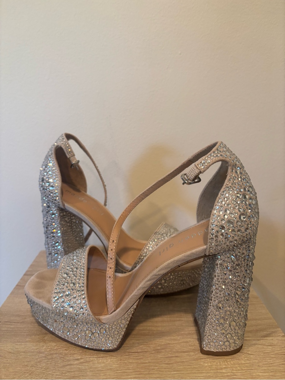 Madden Girl Nude Rhinestone Platform Block Heels
